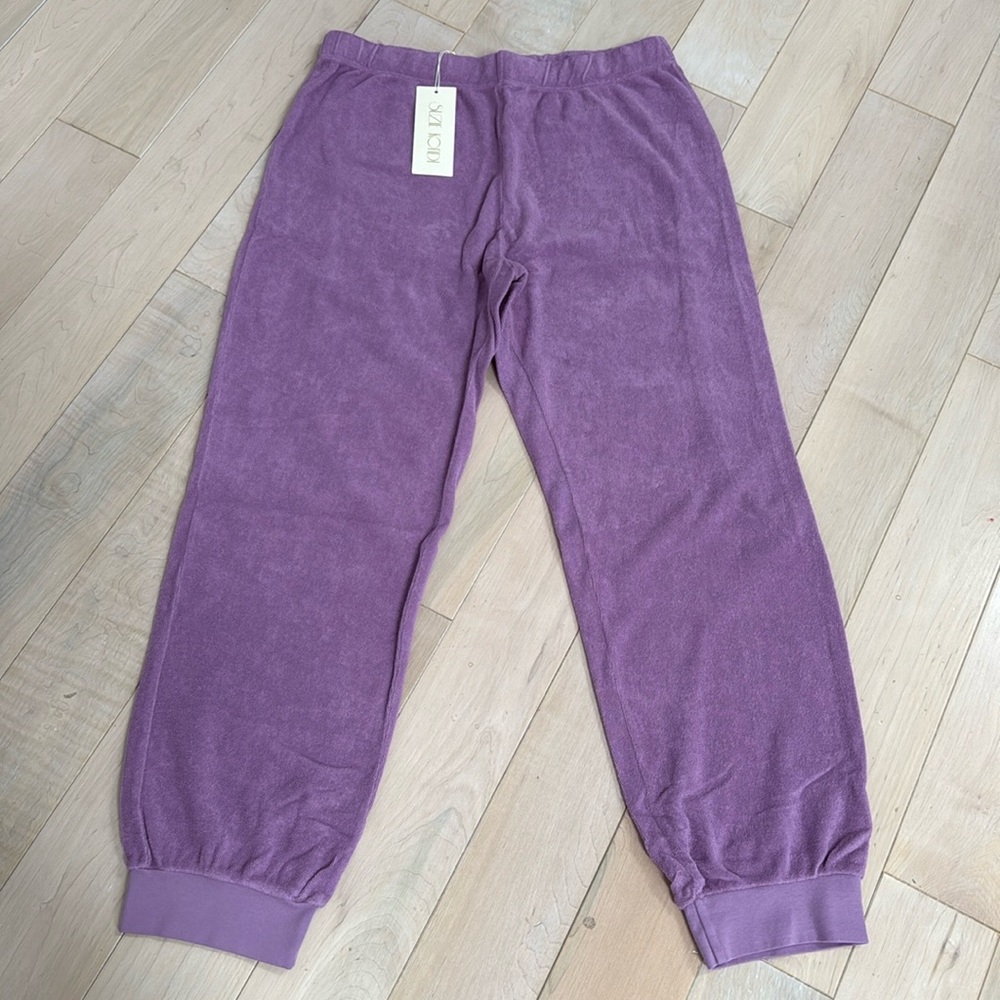 Suzie Kondi soft organic cotton terry slim track pants size XL lavender